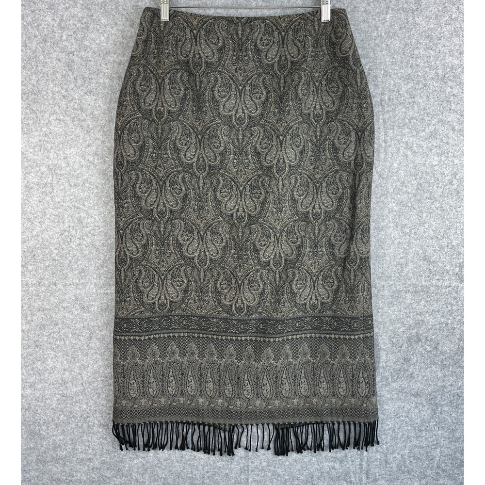 Vintage Talbots Paisley Wool Skirt Womens 10 Gray Fringe Tassel Western Gypsy